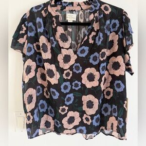 NWT Trovata Black Floral Blouse with Blue and Pink Accents